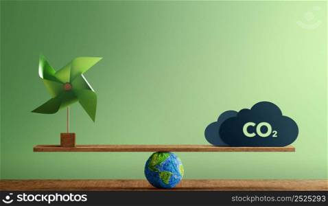 Carbon Neutral and ESG Concepts. Carbon Emission, Clean Energy. Globe Balancing between a Wind Turbine and CO2. Sustainable Resources, Environmental Care. Making a Wind Energy