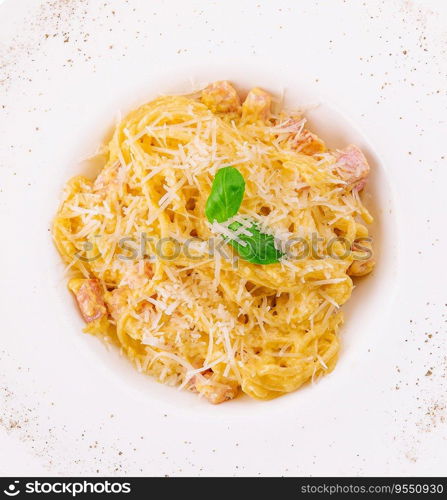 Carbonara pasta isolated on white top view