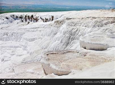 Carbonate travertines with blue water - unique nature wonder in Pamukkale, Turkey
