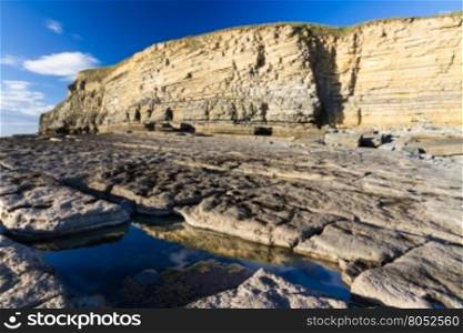 Carboniferous limestone cliffs of Southerndown Beach or Dunraven Bay, afternoon light. Used as Bad Wolf Bay in Doctor Who. South Wales, UK.