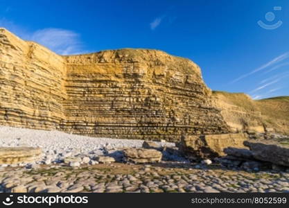 Carboniferous limestone cliffs of Southerndown Beach or Dunraven Bay, afternoon light. Used as Bad Wolf Bay in Doctor Who. South Wales, UK.