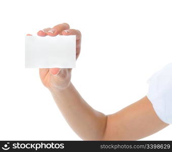 card blank in a hand. Isolated on white background