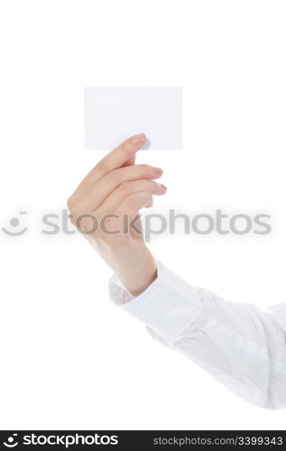 card blank in a hand. Isolated on white background