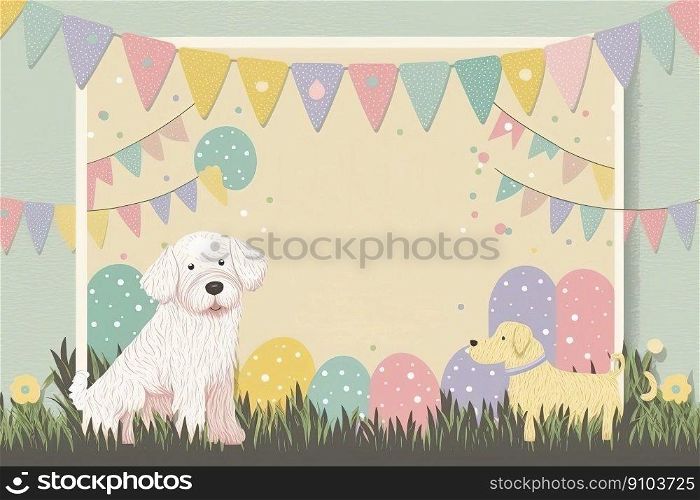 Card for birthday dog party or Easter egg hunt event with decoration. Ivitation mockup. Puppy garden picnic trend concept. Card for birthday dog picnic or Easter egg hunt picnic. Ivitation mockup