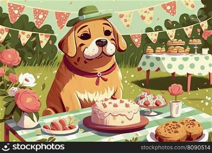 Card for birthday dog party or garden picnic with happy dog and decoration and food. Puppy picnic or trend concept. Card for birthday dog party or garden puppy picnic with happy dog