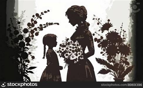 Card of Happy Mother’s Day. Mother silhouette with her daughter and flowers. Generative AI
