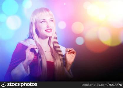card with beautiful Santa girl. Abstract background