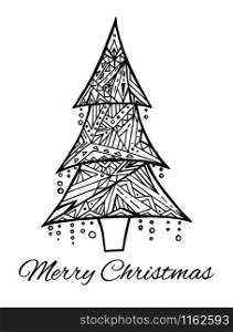 Card with doodle black and white Christmas tree and greetings. Boho pattern. Card with doodle black and white Christmas tree and greetings. B