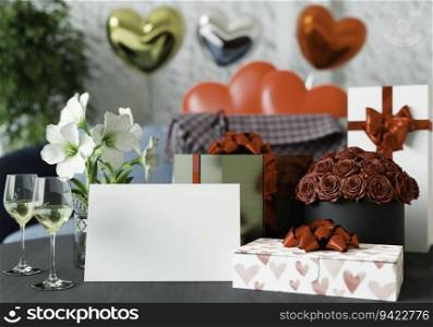 Card with gift box about Valentine, 3D style.