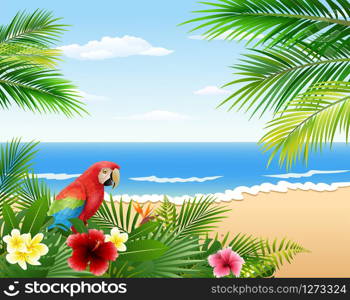 Card with tropical beach, tropical plants and parrot