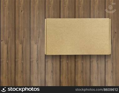 Cardboard box on wooden floor, top view. Space for text