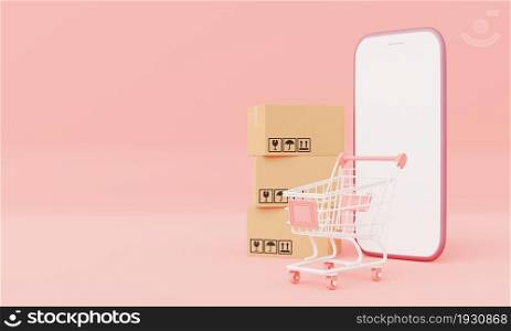 Cardboard box with isolated white screen smartphone mockup and shopping cart on pink pastel background. Business delivery and Shopping online concept. 3D illustration rendering