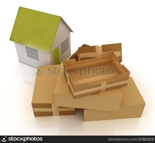 Cardboard boxes and house on a white background