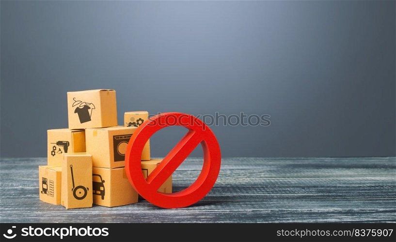 Cardboard boxes and red prohibition symbol NO. Import restriction, ban export of dual-use goods to countries under sanctions. Out of stock. Embargo trade wars. Border closure, quarantine and isolation