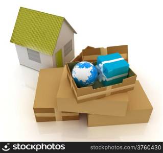 Cardboard boxes, gifts, earth and houses on a white background