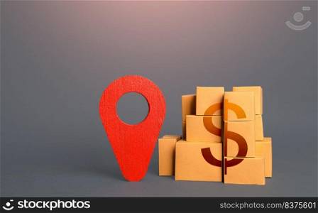 Cardboard boxes with dollar and red pin location tracking symbol. Transportation services logistics, warehouse management. Import export. Delivering. Tracking of deliveries. Freight infrastructure