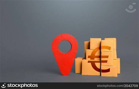 Cardboard boxes with euro and tracking symbol. Red pin geolocation. Transportation services logistics, warehouse management. Import export. Delivering. Tracking of deliveries. Freight infrastructure