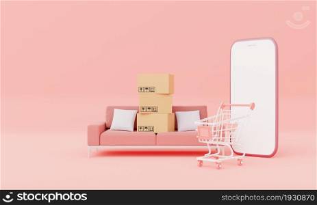 Cardboard boxes with isolated white screen smartphone with living room sofa furniture and shopping cart mockup on pink pastel background. Business shopping online concept. 3D illustration rendering