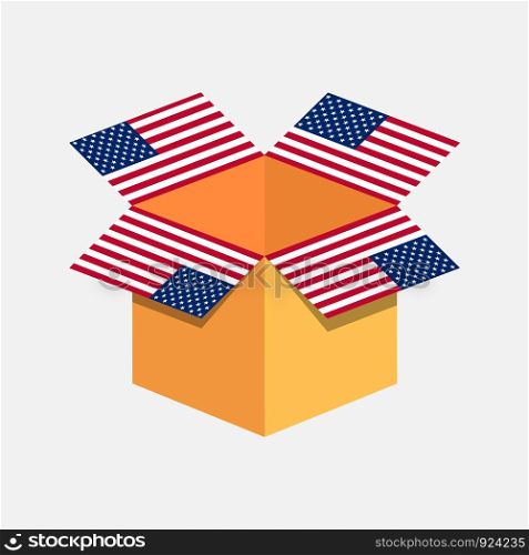 Cardboard open box with USA flag on white background. Cardboard open box with USA flag