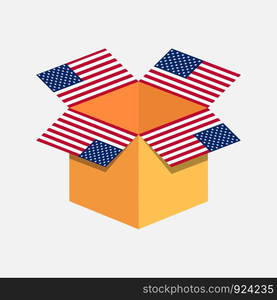 Cardboard open box with USA flag on white background. Cardboard open box with USA flag