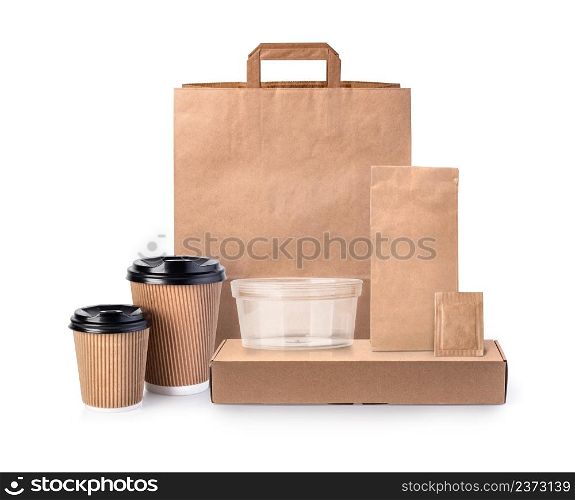Cardboard packaging set. Pizza, burger and fast food delivery boxes and packs, blank shopping bags. Disposable coffe cup, takeaway package mockups.