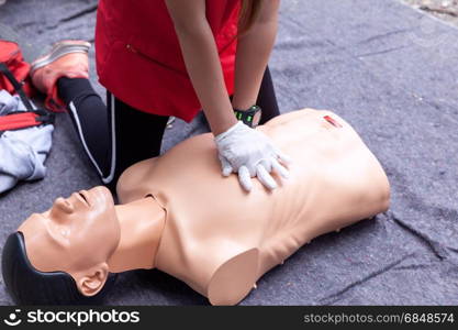 Cardiopulmonary resuscitation - CPR. First aid training detail. Heart massage.