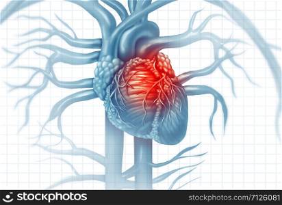 Cardiovascular disease human heart attack pain as an anatomy medical disease concept with a person suffering from a cardiac illness as a painful coronary event with 3D illustration style elements.