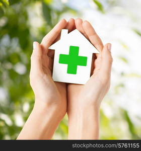 care, help, charity and people concept - close up of hands holding white paper house with green cross sign over natural background