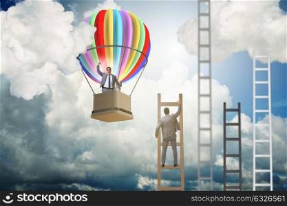Career achievement concept with businessman on balloon and ladder. Career achievement concept with businessman on balloon and ladde