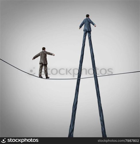 Career advantage business concept as a businessman walking on a high wire tightrope being passed by another better equiped person with long legs as a metaphor for personal skills.