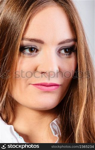 Career business work in office formal wear. Young woman worker present stand with confidence smiling.. Young woman office worker stand indoors.