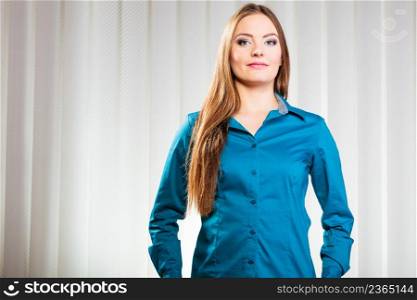 Career business work in office formal wear. Young women worker present stand with confidence.. Young woman office worker stand indoors.