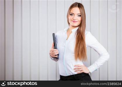 Career business work in office. Young woman in formal wear hold case with files documents paperwork.. Young woman office worker hold case with files.