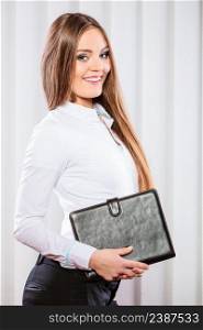Career business work in office. Young woman in formal wear hold case with files documents paperwork.. Young woman office worker hold case with files.