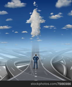 Career development business concept as a businessman standing in front of a group of tangled roads and streets with one straight highway leading to an arrow cloud as a metaphor for leadership vision overcoming stress and a confusion crisis.