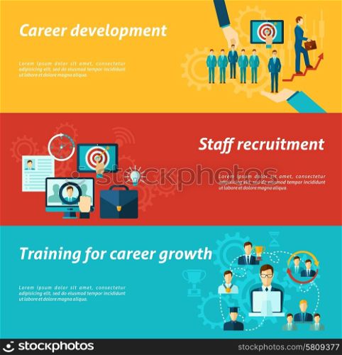 Career development horizontal banner set with staff recruitment business training elements isolated vector illustration. Career Banner Set