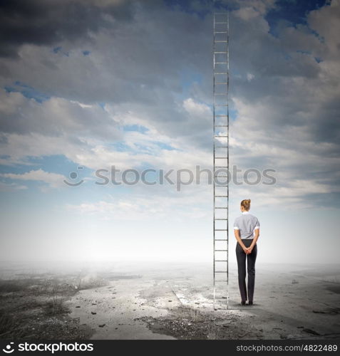 Career ladder. Rear view of businesswoman standing near ladder going high in sky