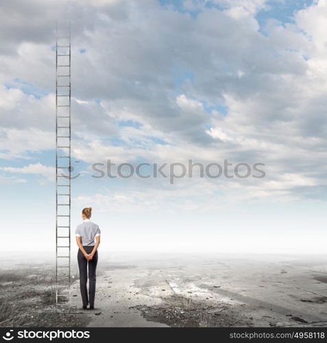 Career ladder. Rear view of businesswoman standing near ladder going high in sky