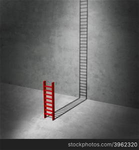 Career potential concept as a business metaphor for imagining success as a symbol for hidden potential as a red ladder casting a long shadow stretching to the top as a 3D illustration.