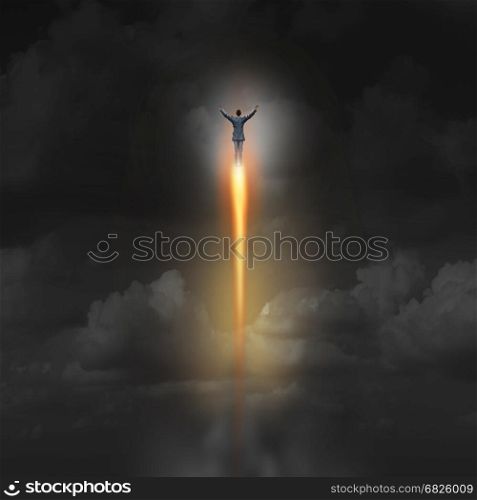 Career power and focused determination business concept as a businessman rising up with a rocket boost as a determined and focused leader going towards new heights of success.