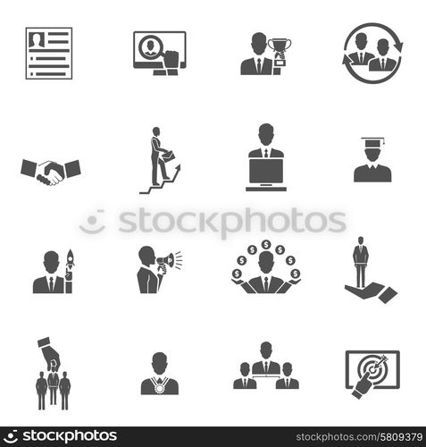 Career steps work progress staff training black icons set isolated vector illustration. Career Icons Set