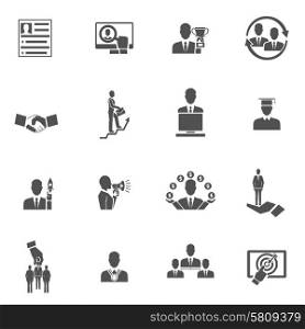 Career steps work progress staff training black icons set isolated vector illustration. Career Icons Set