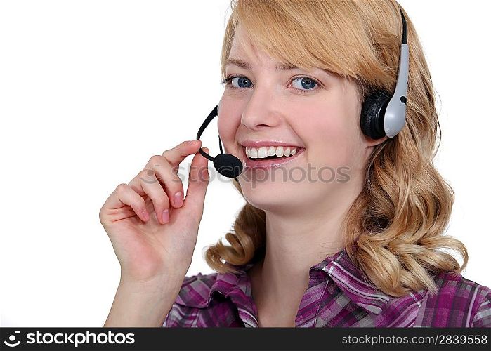 Carefree blond call-center worker