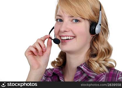 Carefree blond call-center worker