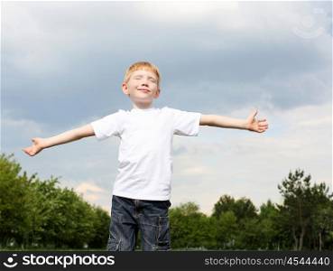 carefree litlle boy in the park embracing skies