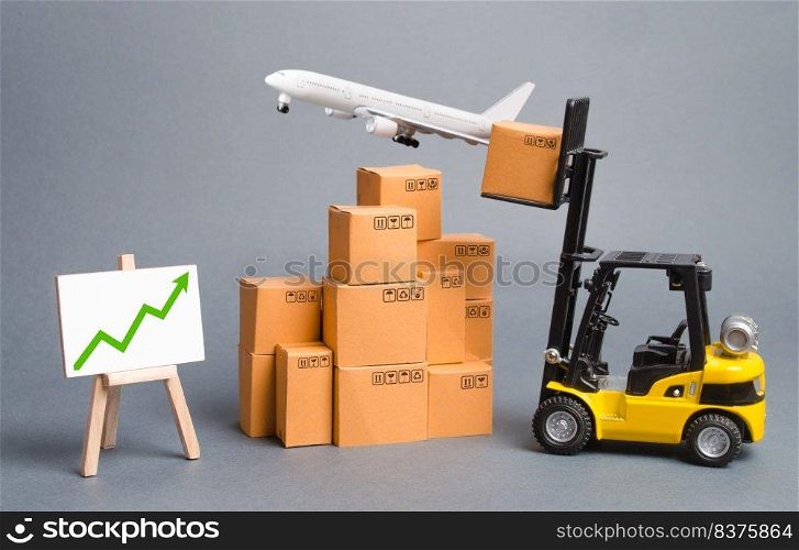 Cargo airplane, forklift truck with cardboard boxes and green arrow up. Increase freight transportation and delivery volumes of products goods. orders growth and throughput of transport infrastructure
