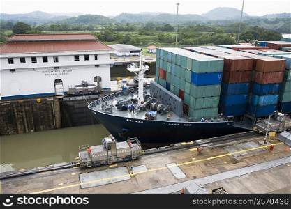 Cargo containers in a container ship at a commercial dock, Miraflores Locks, Panama Canal, Panama
