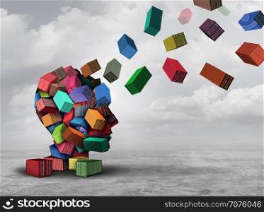 Cargo distribution concept and freight logistics management symbol as a group of shipping containers shaped as a human head with parcel boxes flying into the air for delivery as a 3D illustration.