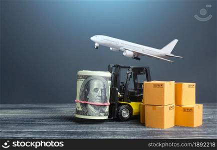 Cargo plane over a forklift with money dollars roll. Profit from selling goods, trade income. Services of express delivery, transportation by plane. World logistics. Import export of products.