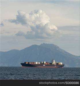 Cargo ship in Gulf of Naples, Naples, Campania, Italy